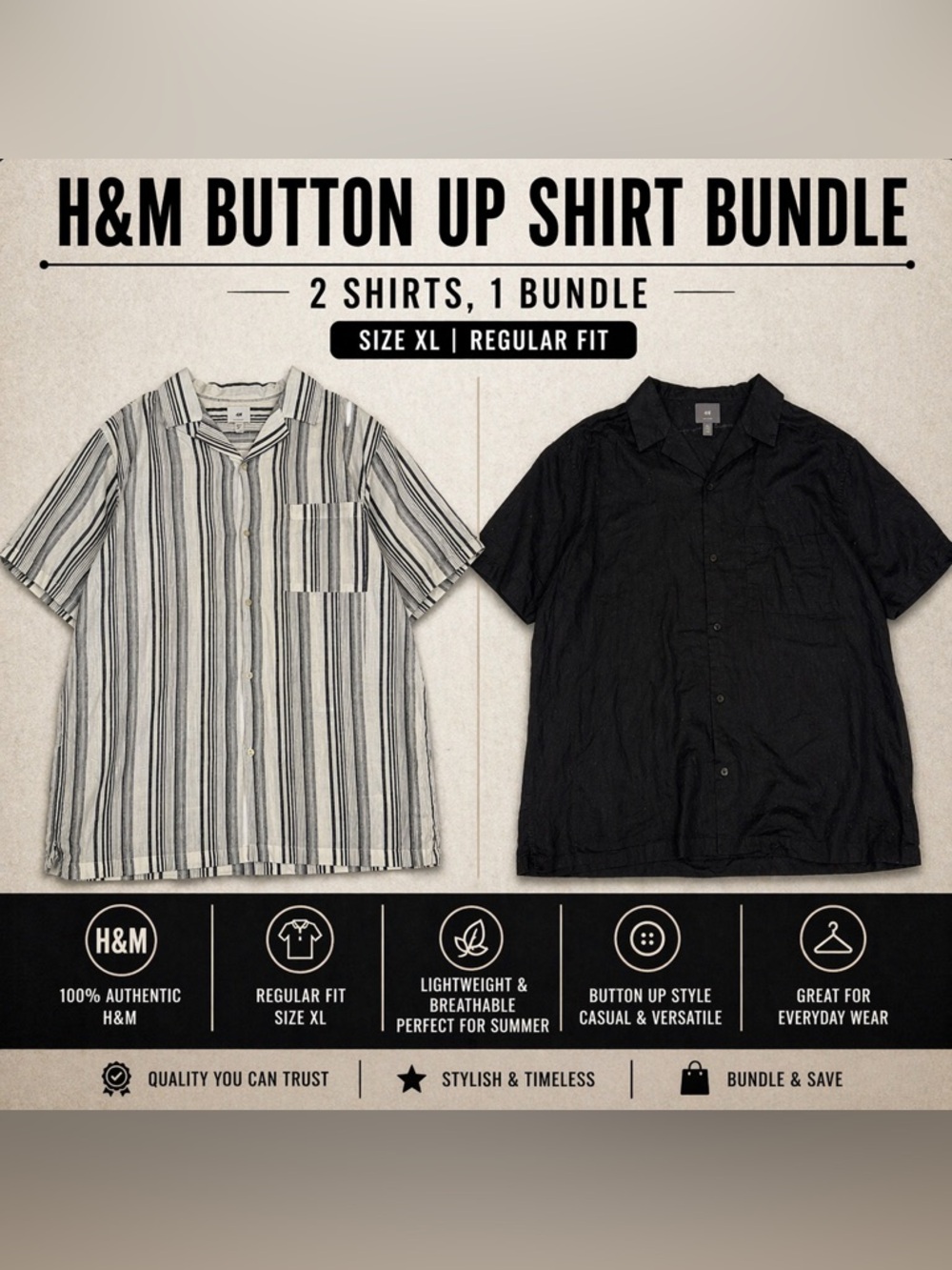 H&M Button Up Shirt Bundle XL Short Sleeve Casual 2 Pack
